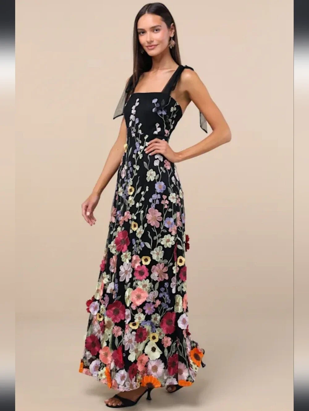 Lulus Thriving Poise Black 3D Floral Embroidered Tie-Strap Maxi Dress - Picture 6 of 16